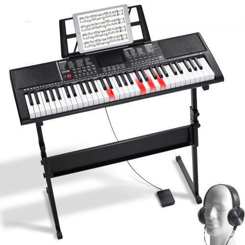 61 tangenters digitalt keyboardpiano, upplysta tangenter, elektriskt bärbart piano med justerbart stativ, 600 toner, 500 rytmer, inbyggda högtalare, sustainpedal, hörlurar, USB MIDI för nybörjare