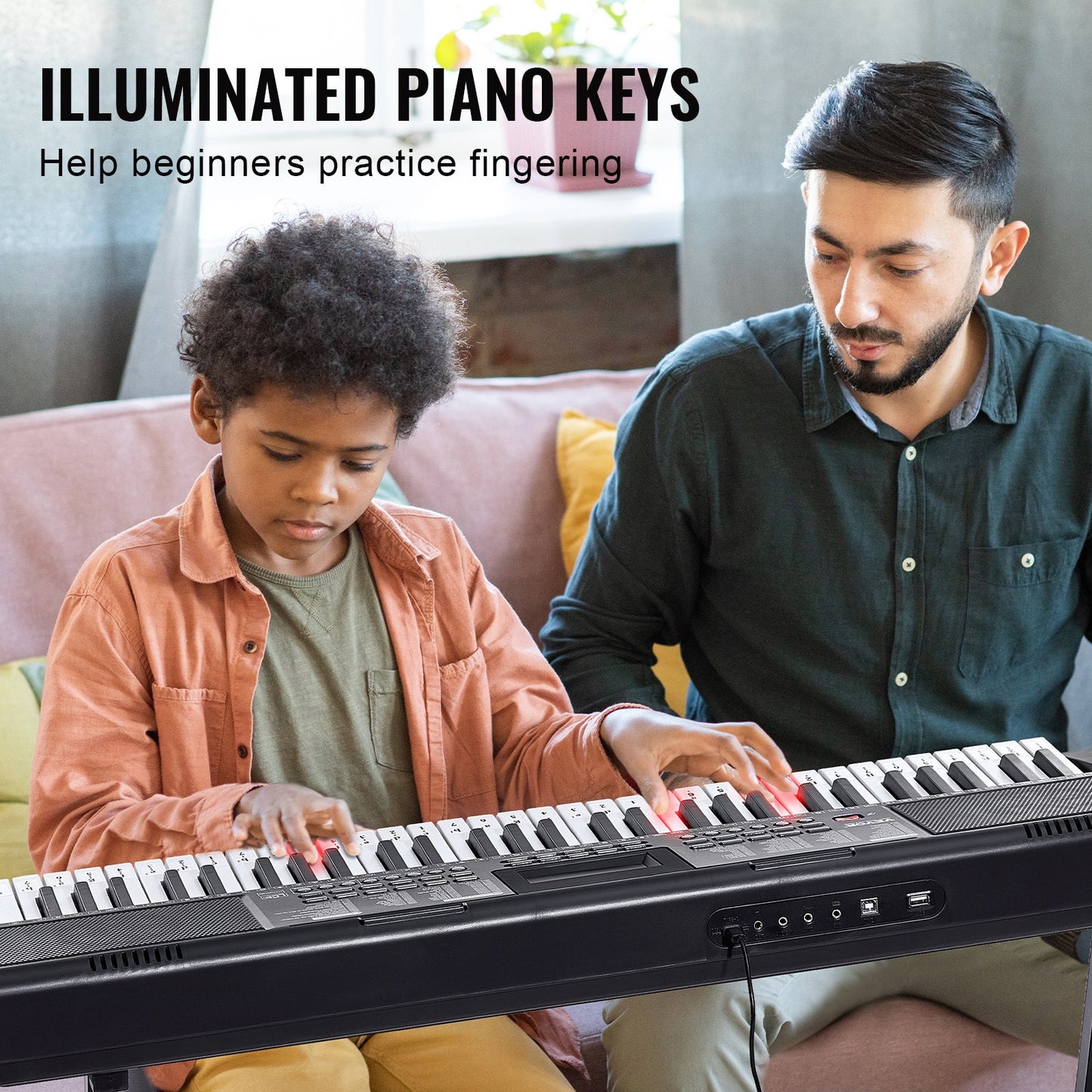 61 tangenters digitalt keyboardpiano, upplysta tangenter, elektriskt bärbart piano med justerbart stativ, 600 toner, 500 rytmer, inbyggda högtalare, sustainpedal, hörlurar, USB MIDI för nybörjare