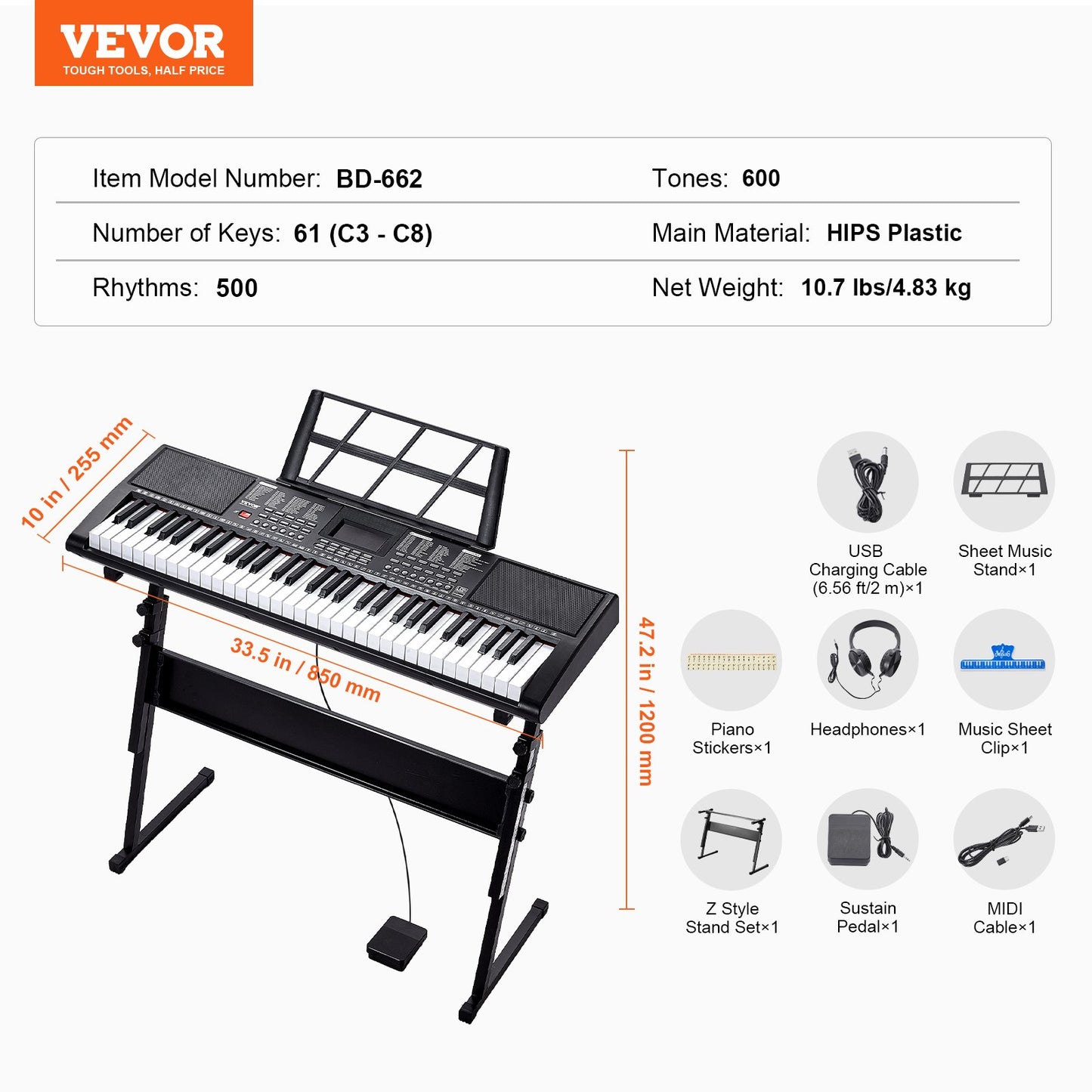 61 tangenters digitalt keyboardpiano, upplysta tangenter, elektriskt bärbart piano med justerbart stativ, 600 toner, 500 rytmer, inbyggda högtalare, sustainpedal, hörlurar, USB MIDI för nybörjare