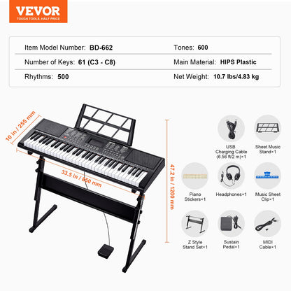 61 tangenters digitalt keyboardpiano, upplysta tangenter, elektriskt bärbart piano med justerbart stativ, 600 toner, 500 rytmer, inbyggda högtalare, sustainpedal, hörlurar, USB MIDI för nybörjare