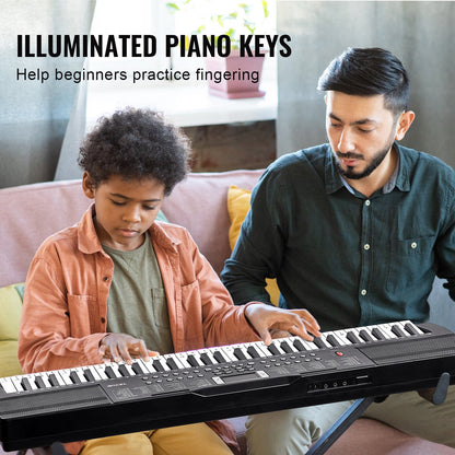 61 tangenters digitalt keyboardpiano, 200 toner och 200 rytmer, elektriskt bärbart pianokeyboardkit med 60 demolåtar, inbyggda dubbla högtalare, hörlurar, pianoklistermärken för nybörjare