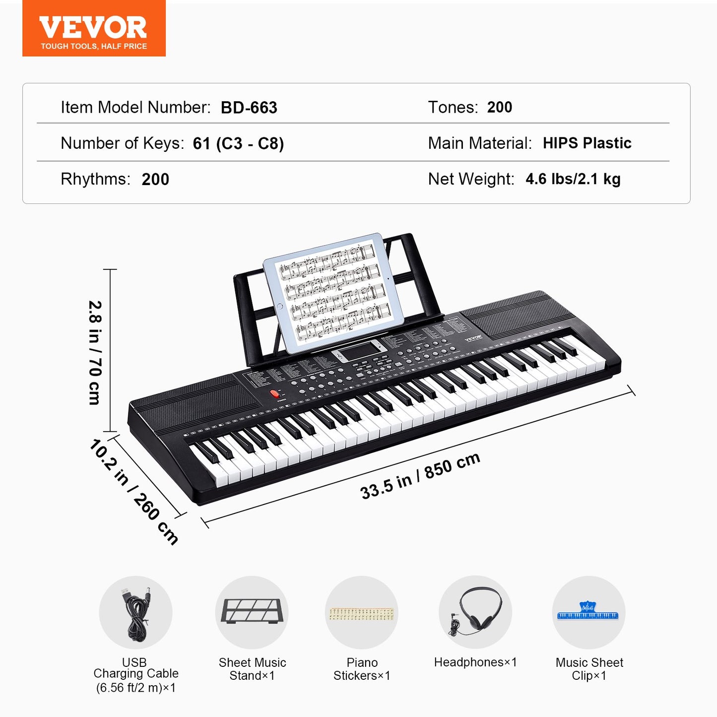61 tangenters digitalt keyboardpiano, 200 toner och 200 rytmer, elektriskt bärbart pianokeyboardkit med 60 demolåtar, inbyggda dubbla högtalare, hörlurar, pianoklistermärken för nybörjare