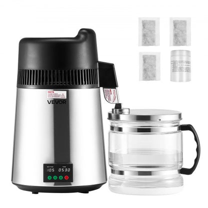 Vattendestilleri, 6L 1,6 gallon större rent vattenfilter för hemmabänkskiva, 900W destillerad bryggare i glaskruka, dricksmaskin i rostfritt stål för att göra rent vatten, silver