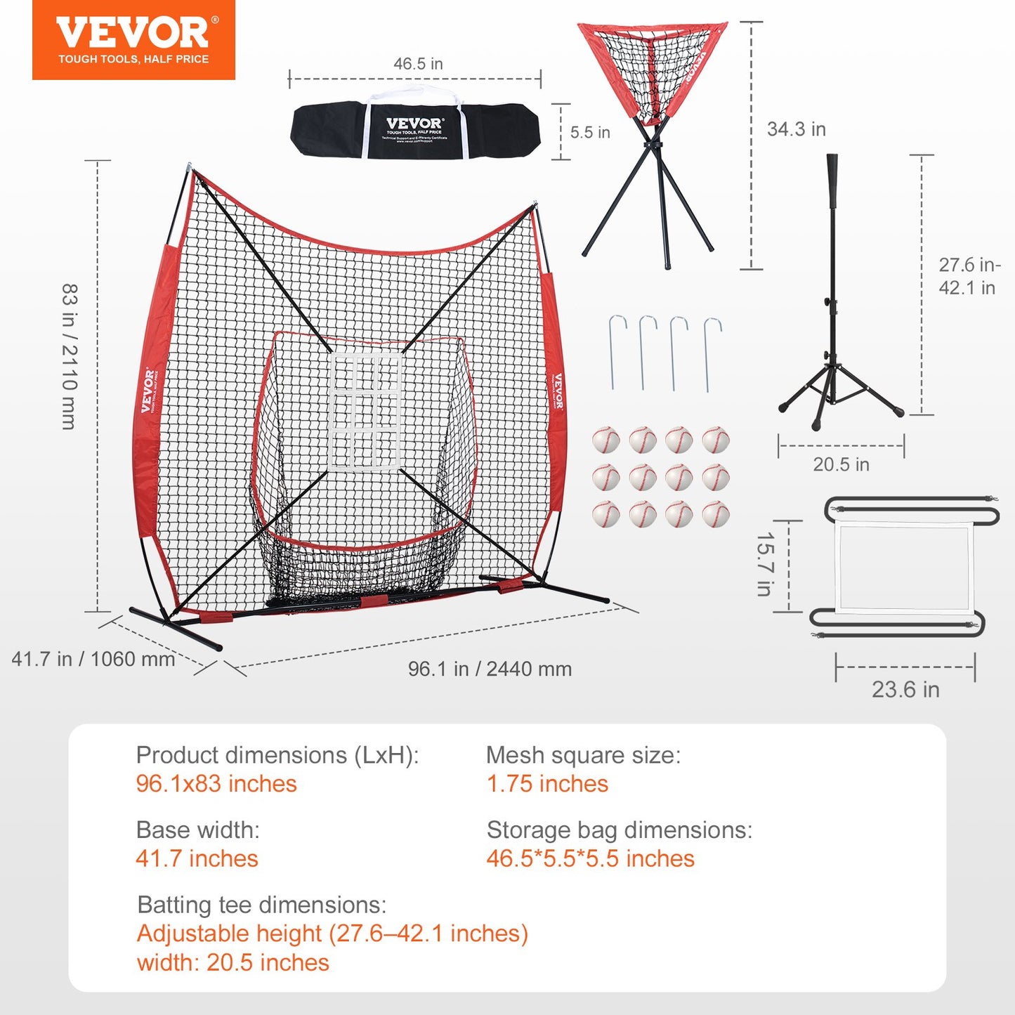 7x7 fot baseboll softboll träningsnät, bärbart basebollträningsnät för att slå, fånga och pitcha, ryggstödsutrustning med bågram, bärväska, slagzon, 12 bollar, tee och bolluppsamlare