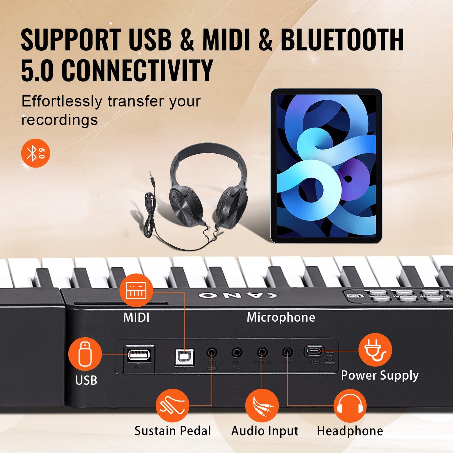 88 tangenters digitalpiano, halvviktade tangenter, fullstort elektriskt pianoset med justerbart stativ, inbyggda högtalare, sustainpedal, hörlurar, Bluetooth MIDI USB för nybörjare