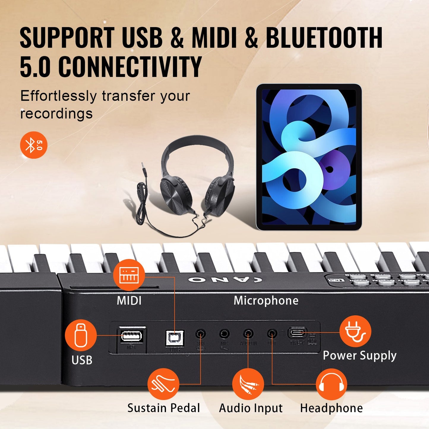 88 tangenters digitalpiano, halvviktade tangenter, elektriskt bärbart pianoset i full storlek med 1000 toners inbyggda högtalare, sustainpedal, hörlurar, Bluetooth MIDI USB för nybörjare