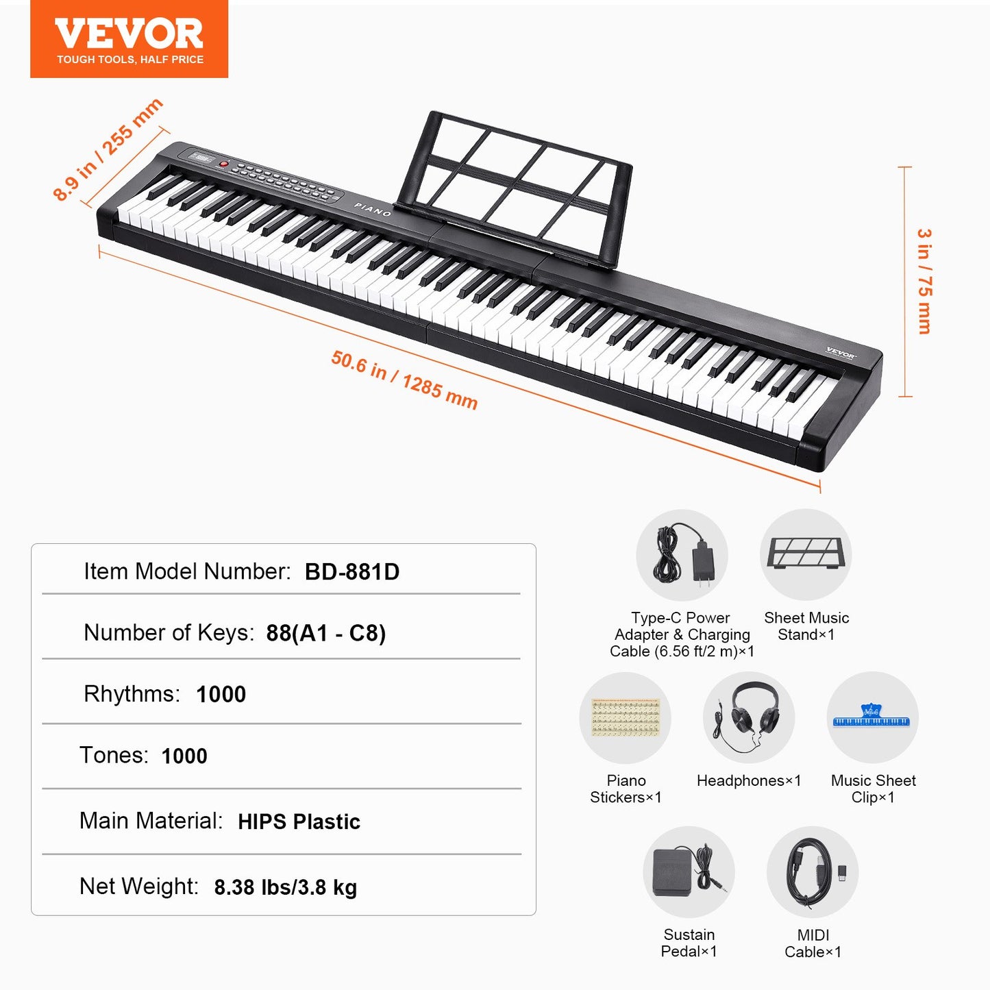 88 tangenters digitalpiano, halvviktade tangenter, elektriskt bärbart pianoset i full storlek med 1000 toners inbyggda högtalare, sustainpedal, hörlurar, Bluetooth MIDI USB för nybörjare