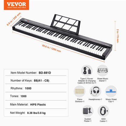 88 tangenters digitalpiano, halvviktade tangenter, elektriskt bärbart pianoset i full storlek med 1000 toners inbyggda högtalare, sustainpedal, hörlurar, Bluetooth MIDI USB för nybörjare