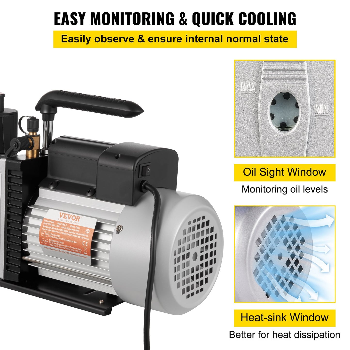 483 l/min (8 CFM) tvåstegs roterande lamellvakuumpump för professionellt bruk 15 mikron 559 W (3/4 hk)