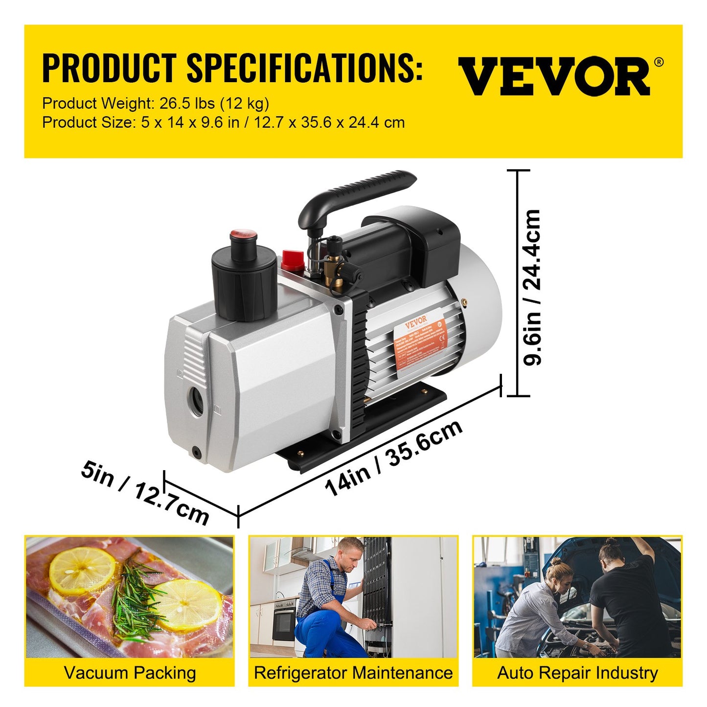 483 l/min (8 CFM) tvåstegs roterande lamellvakuumpump för professionellt bruk 15 mikron 559 W (3/4 hk)