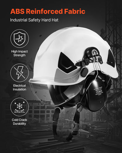 Industriell skyddshjälm, ANSI/ISEA Z89.1-godkänd ABS-hjälm med visir och hörselkåpor, 6-punkts spärrhakeupphängning, justerbar ventilerad hjälm för män och kvinnor, för utomhusbruk inom byggbranschen