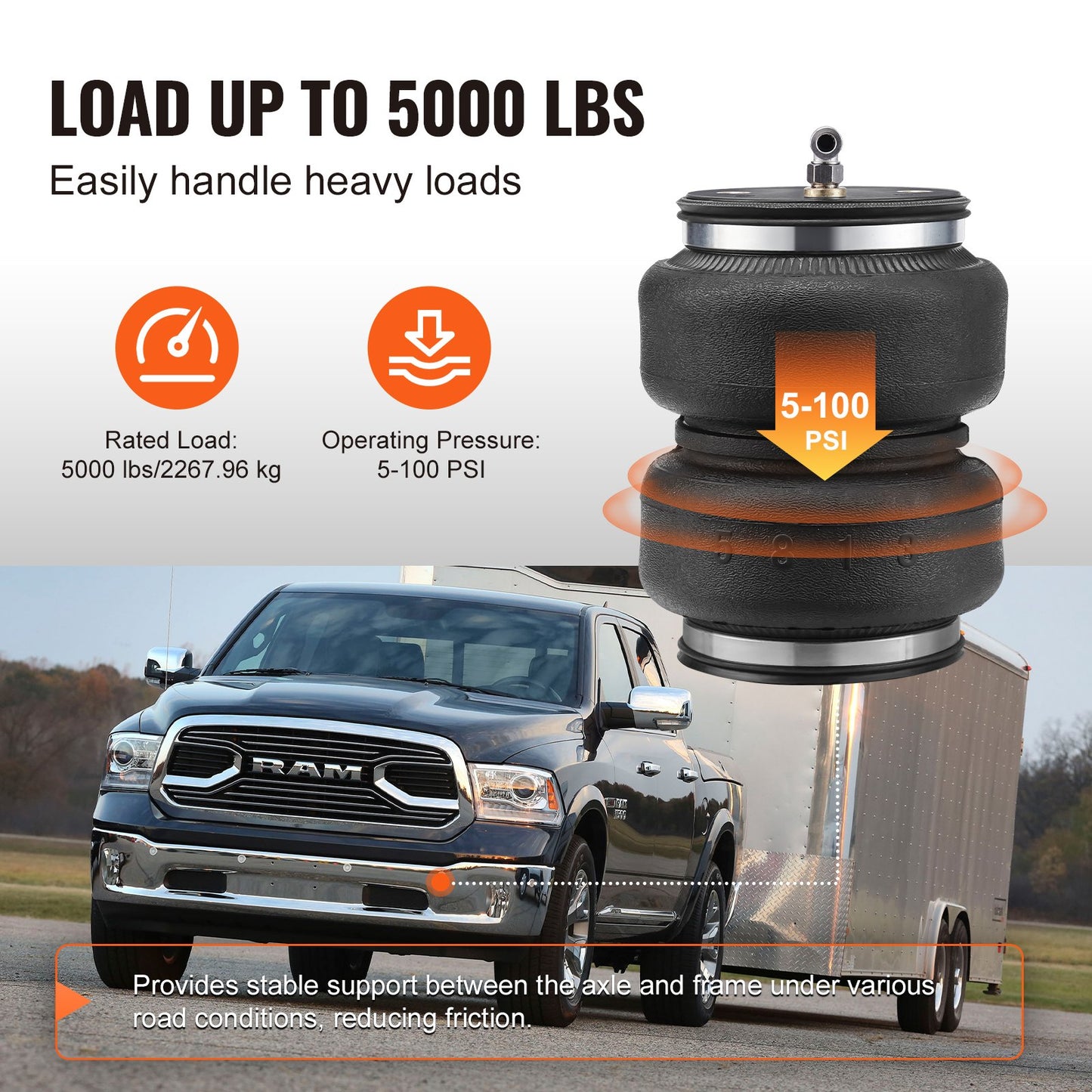 Krockkuddesats, luftfjädringsats kompatibel med 2011-2018 Dodge Ram 1500, 2019-2021 Dodge Ram 1500 Classic, 5000 lbs belastning, 5 till 100 PSI