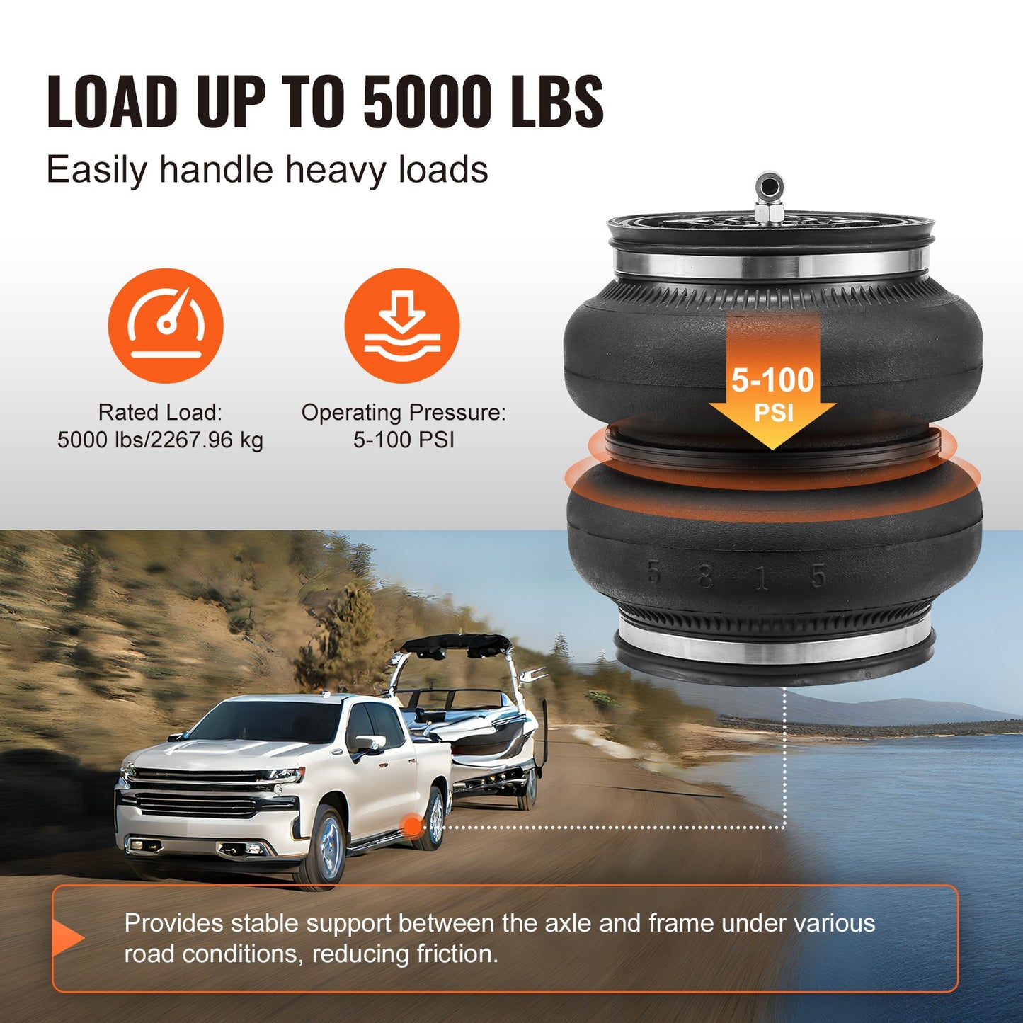 Krockkuddesats, luftfjädringsats, kompatibel med 2011-2019 Chevrolet Silverado 2500/3500HD och GMC Sierra 2500/3500HD 4WD bakhjulsdrift, 5000 lbs lastning, 5 till 100 PSI