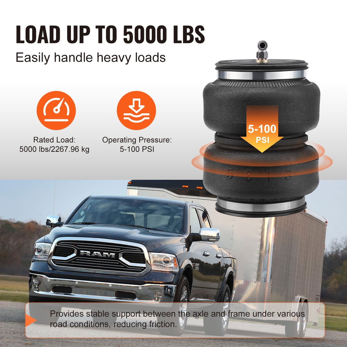 Airbag-fjädringskit, luftfjädringskit kompatibel med 2014-2023 Dodge Ram 2500 2WD 4WD, 5000 lbs lastning, 5 till 100 PSI