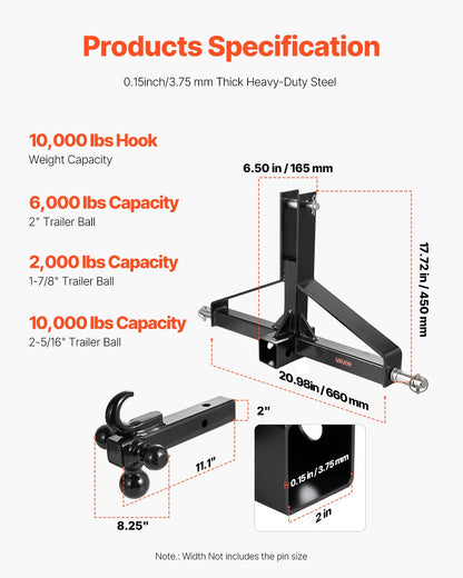 3-punkts dragkrok med 2-tums fäste, 3-punkts snabbfäste, dragstångsadapter för kraftig traktor, kompatibel med Kubota, Mahindra, Ford, Yanmar, John Deere, Massey Ferguson
