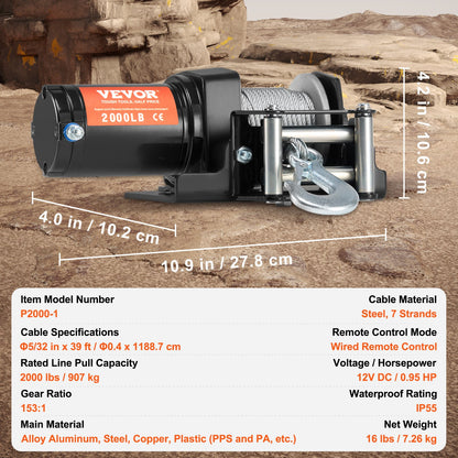 Elektrisk vinsch ATV UTV 907,2 kg stålvajer IP 55 vattentät trådbunden styrning