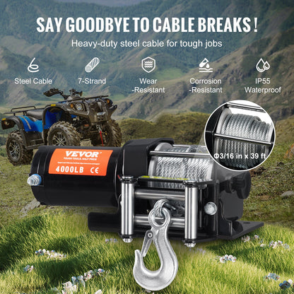Elektrisk vinsch ATV UTV 1814,4 kg stålvajer IP55 vattentät fjärrkontroll