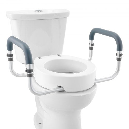 Upphöjd toalettsits, 9,5 cm hög, 136 kg viktkapacitet, för standard rund toalett, aluminiumräcke, med EVA-armstödsstoppning, för äldre, handikappade, patienter, gravida, sjukvårdspersonal