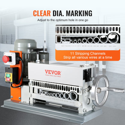 Automatic Wire Stripping Machine, 1.5 mm-40 mm Electric Motorized Cable Stripper, 370W, 26.8 m/min Wire Peeler with An Extra Manual Crank, 11 Channels for Scrap Copper Recycling