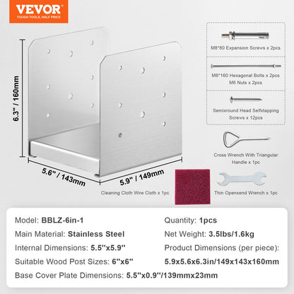 152,4x152,4 stolpbas, 1 st justerbart stolpankare i rostfritt stål (invändigt 150 x 139,7), justerbar stolpbas för paviljong, veranda, ledstång, dekorativ ankarplatta