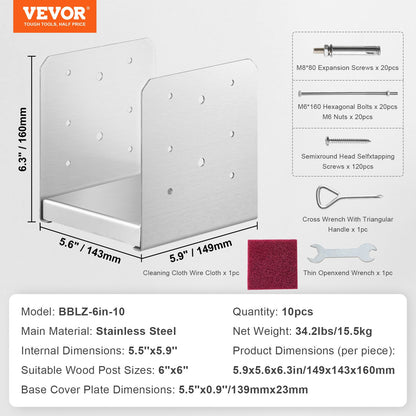 152,4x152,4 stolpbas, 10 st justerbara stolpankare i rostfritt stål (invändigt 150 x 139,7), justerbar stolpbas för paviljong, veranda, ledstång, dekorativ ankarplatta