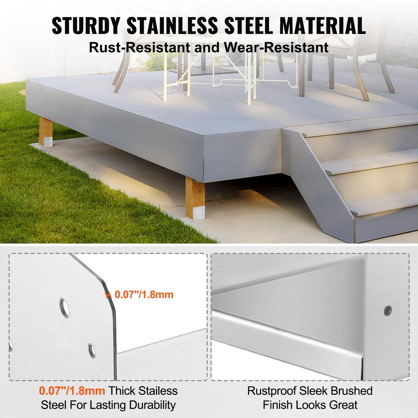 203,2x203,2 mm stolpbas, 1 st justerbart stolpankare i rostfritt stål (invändigt 198 x 185), justerbar stolpbas för paviljong, veranda, ledstång, dekorativ ankarplatta
