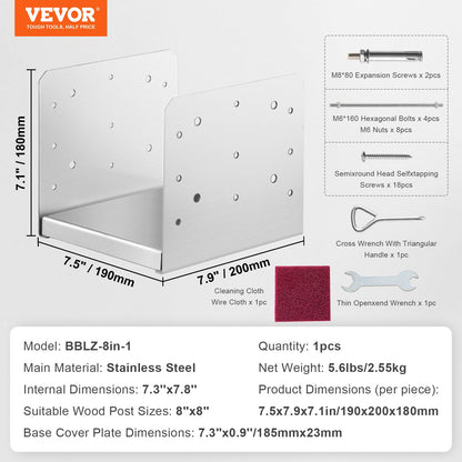 203,2x203,2 mm stolpbas, 1 st justerbart stolpankare i rostfritt stål (invändigt 198 x 185), justerbar stolpbas för paviljong, veranda, ledstång, dekorativ ankarplatta