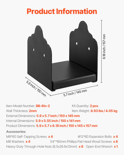 6x6 stolpbas 2 st, innerstorlek 5,9x5,55 tum / 150x141 mm stolpfästen, kraftiga däckstolpar i kolstål, trästolpfästen för paviljongdäck, stöddäck, bottenplatta, svart