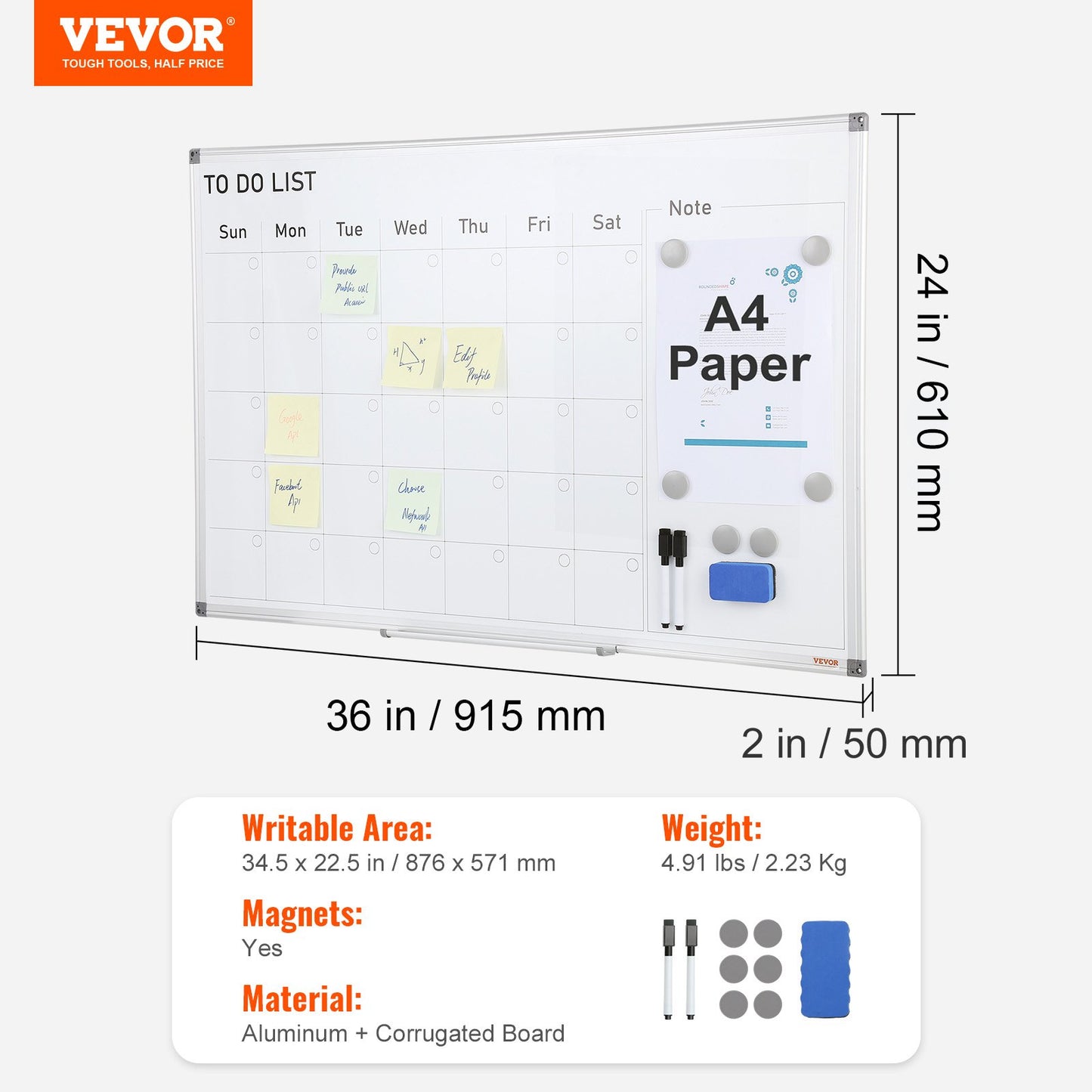 Kalender whiteboard, 36 x 24 tum magnetisk whiteboardtavla med torr raderbar pappersavtryck, månadsplanerare whiteboard för vägg, 1 magnetisk raderbar och 2 torra markörer och flyttbar bricka för restaurang, kontor, hemskola