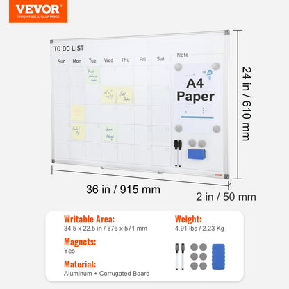 Kalender whiteboard, 36 x 24 tum magnetisk whiteboardtavla med torr raderbar pappersavtryck, månadsplanerare whiteboard för vägg, 1 magnetisk raderbar och 2 torra markörer och flyttbar bricka för restaurang, kontor, hemskola