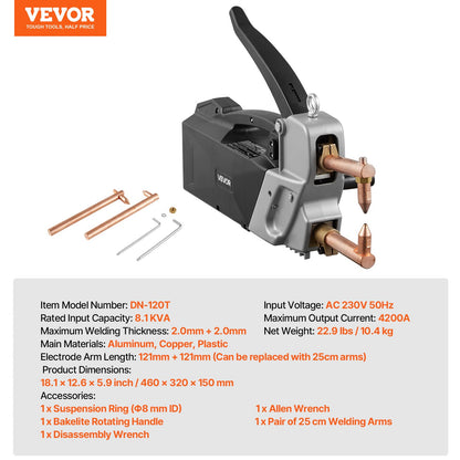Portable Spot Welder, 4mm Thick Spot Welder Machine with 8.1KVA Input Capacity, 4200A Electric Metal Sheet Welding Machine Handheld Welding Tip Gun