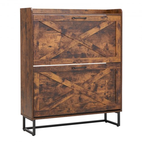 Skoskåp med 2 fällbara lådor, lantlig skoförvaringsskåp med metallben och tippskydd, fristående skoorganisatör, perfekt för entré, hall, sovrum, vardagsrum, brun
