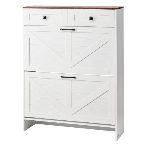 Shoe Cabinet with 2 Flip Drawers, Farmhouse Shoes Storage Cabinet with 2 Drawers and Anti-Tipping Device, Freestanding Shoe Organizer Ideal for Entryway, Hallway, Bedroom, Living Room, White