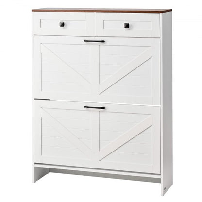 Shoe Cabinet with 2 Flip Drawers, Farmhouse Shoes Storage Cabinet with 2 Drawers and Anti-Tipping Device, Freestanding Shoe Organizer Ideal for Entryway, Hallway, Bedroom, Living Room, White