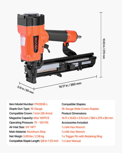 Pneumatic Staple Gun, 16 Gauge 26.4mm Wide Crown Pneumatic Stapler 16mm to 38mm Length, 70-120PSI Air Staple Gun with Two Firing Modes for Roof Decking, Wall Sheathing, Fencing, Subflooring