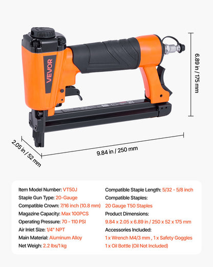 Pneumatic Staple Gun, 20 Gauge T50 Pneumatic Upholstery Stapler for 10.8mm Crown 4mm-16mm Length Staples, 70-110 PSI Air Staple Gun for Woodworking, Upholstering, Fabric, Crafts, DIY Projects