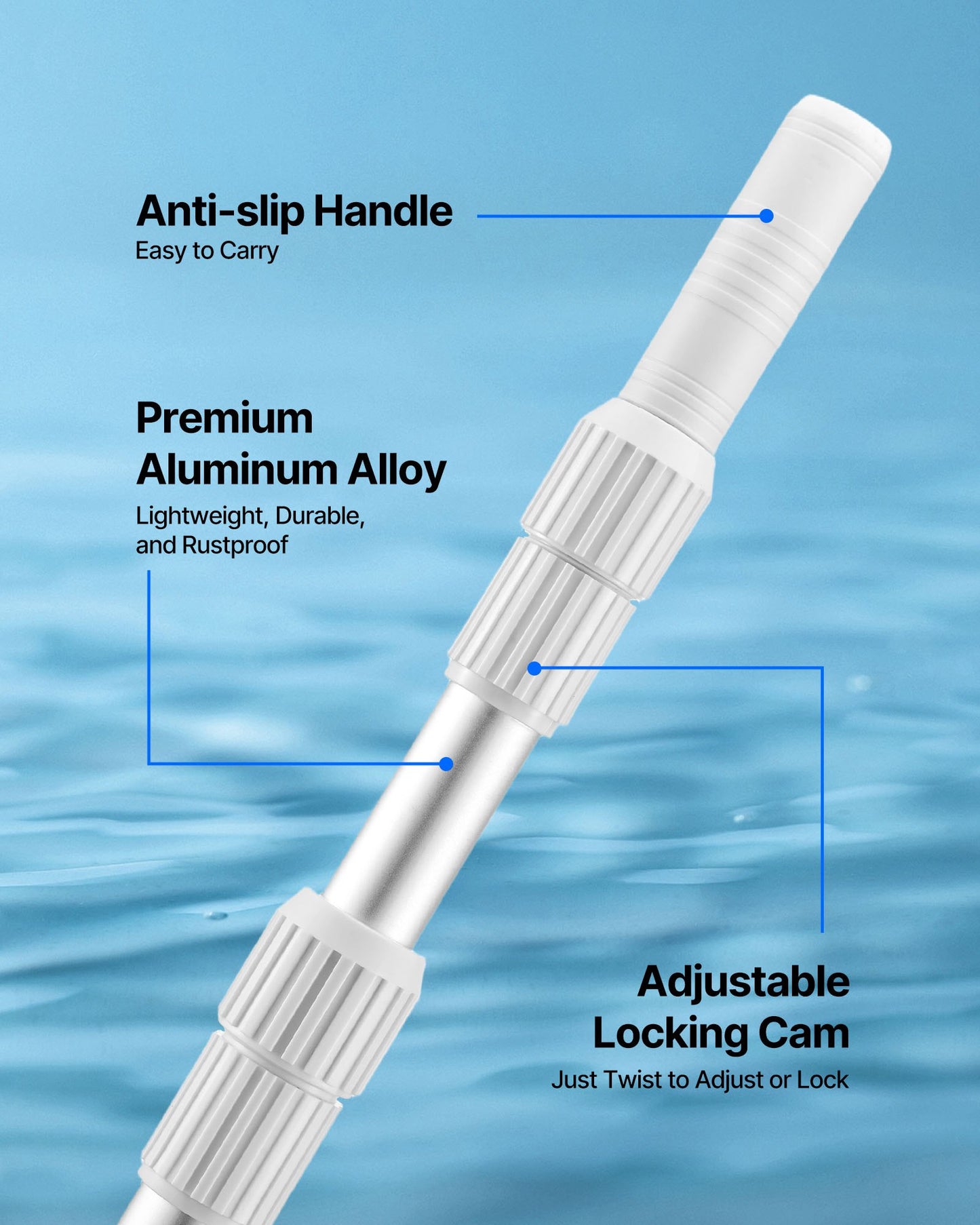 Poolstång, 1 till 4,6 m teleskopiska poolrengöringsstänger, professionell justerbar teleskopstång med 2 förlängningsstänger, kraftig rengöringsstav för skimmernät, borste, dammsugsmunstycke