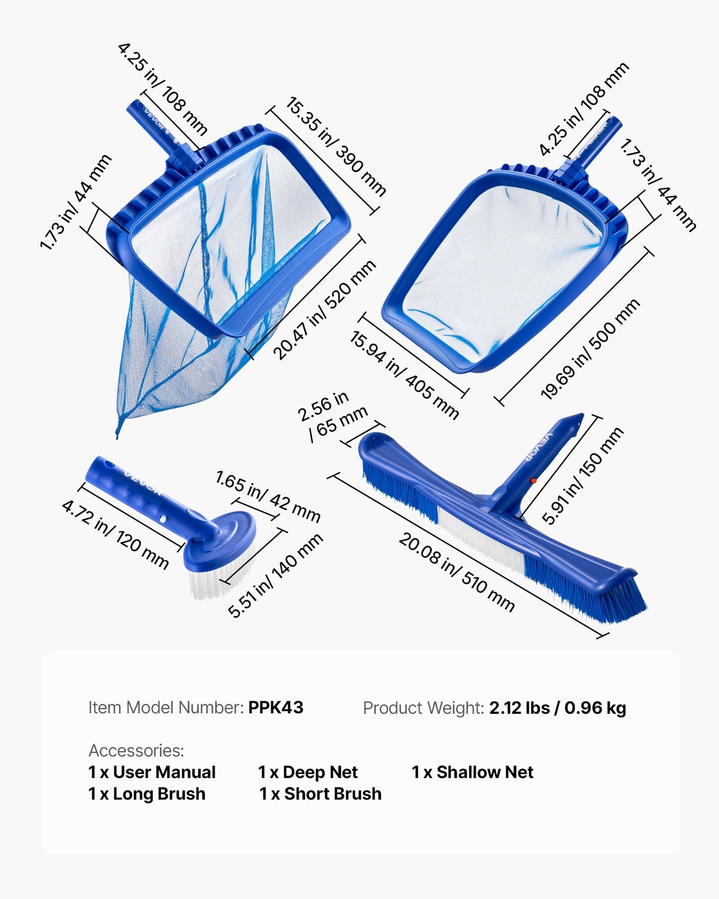 Rengöringskit för pool, inkluderar 2 avtagbara borsthuvuden (508 mm / 139,7 mm) och 2 skimmernät för poolen, 4-i-1-rengöringsverktygsset för nedgrävda/ovanmarkspooler för löv, finmaskiga nät, inga stänger