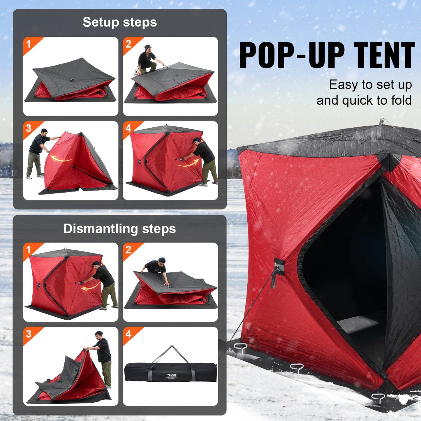 Bärbart isskydd, isolerat popup-isfisketält för 3-4 personer, 35 kvadratfot fiskyta, termiskt isskydd för vinterfiske, isbit med ankare, rep, bärväska, 71"x71", röd