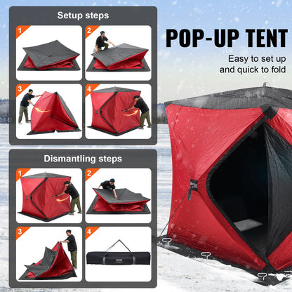 Bärbart isskydd, isolerat popup-isfisketält för 3-4 personer, 35 kvadratfot fiskyta, termiskt isskydd för vinterfiske, isbit med ankare, rep, bärväska, 71"x71", röd