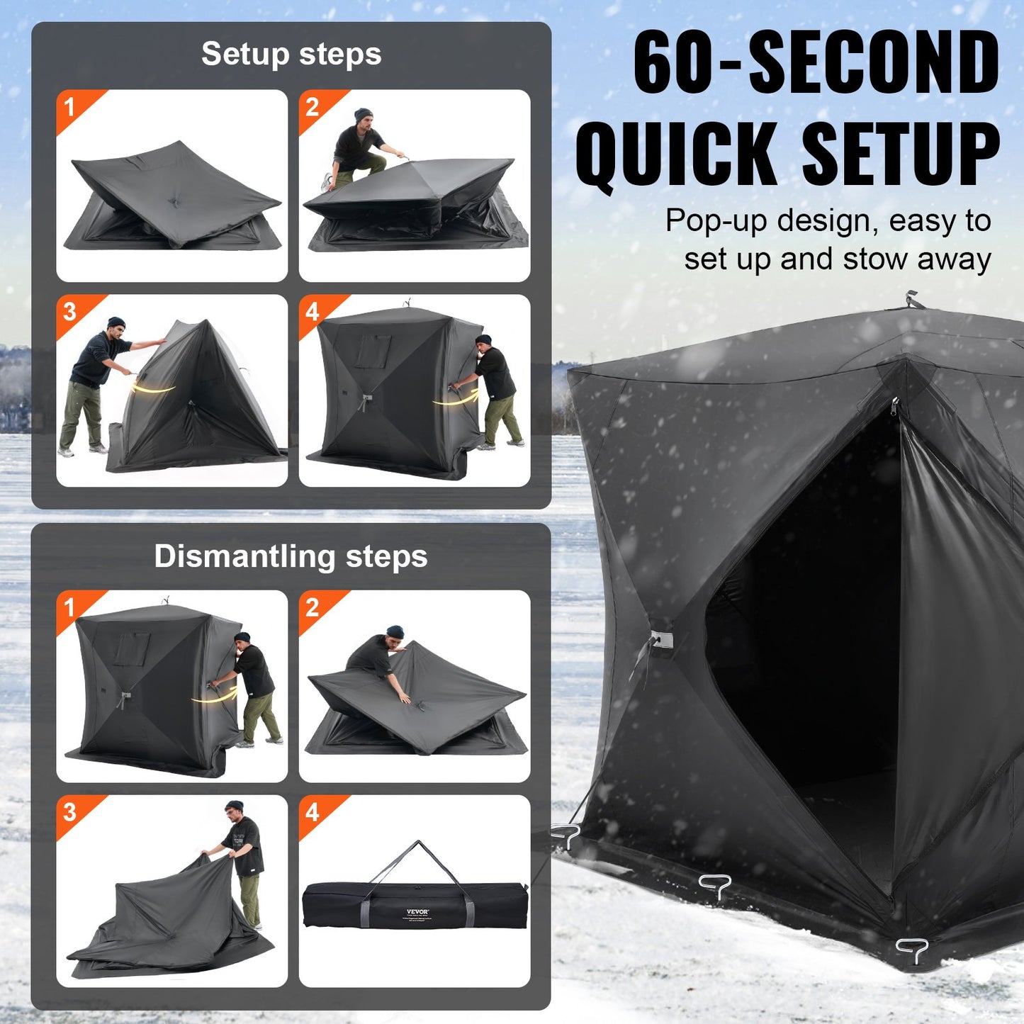 Bärbart isskydd, 3-4 personers popup-isfisketält, 43 kvadratfot fiskyta, isskydd för vinterfiske, vattentät Oxford-isbit med ankare/rep/bärväska, 90"x90", svart