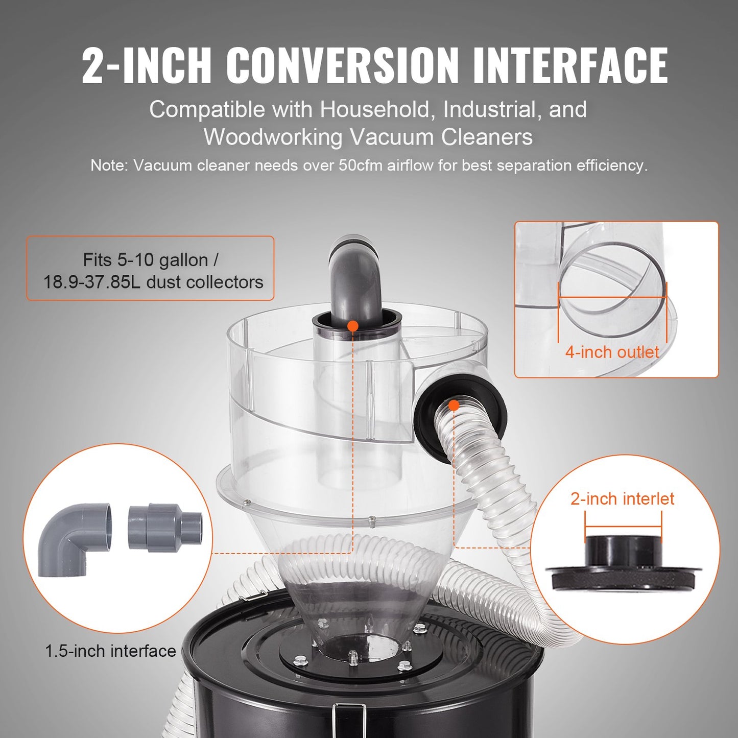 Cyklonavskiljare, 4" eftermonterad cyklonavskiljare för dammsugare, ABS-dammavskiljare med 2" håls ytterdiameter och slang för våt-/torrsugare, passar 18,9-37,85L tank (exklusive tank)