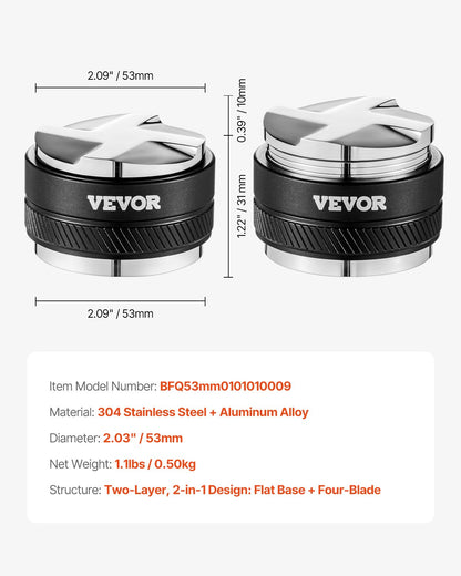 Kaffefördelare 53 mm, 2-i-1 justerbar espressofördelare med fläktformad bas, kaffefördelare i 304 rostfritt stål med lättdemonterbar design