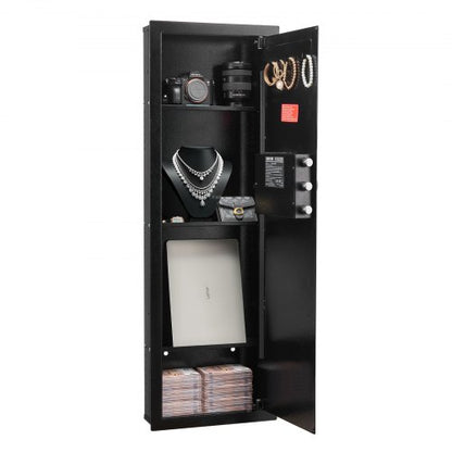 Wall Safe, 4-Tier Hidden Wall Mounted Gun Safe with Password & Key, Q235 Cold-Rolled Steel In-Wall Box with LED Lighting, 3 Adjustable Shelves & Key Holders for Money, Jewelry, Passport, Black