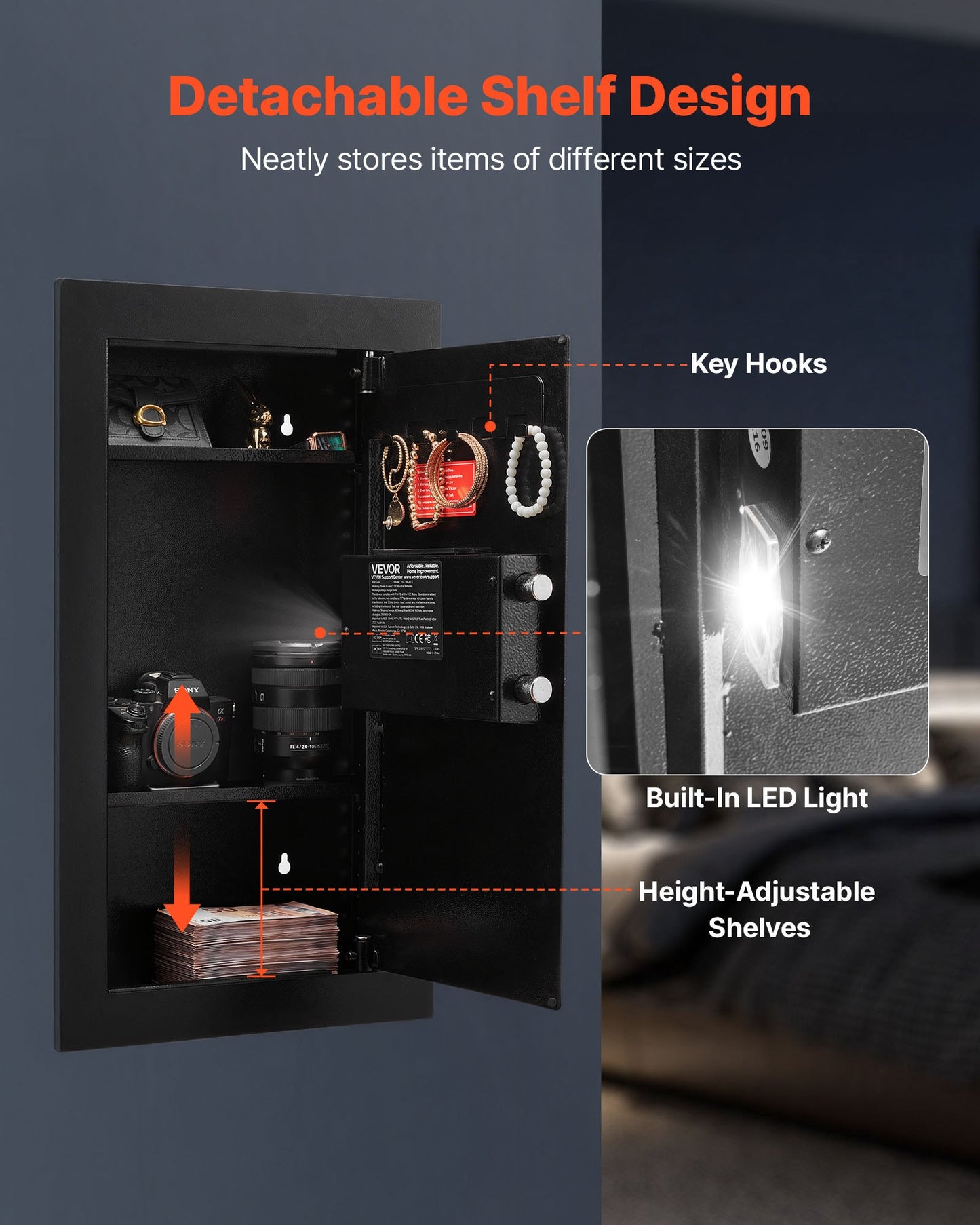 Wall Safe, 3-Tier Hidden Wall Mounted Safe with Password & Key, Q235 Cold-Rolled Steel In-Wall Box with LED Lighting, 2 Adjustable Shelves & 5 Key Holders for Money, Jewelry, Passport, Black