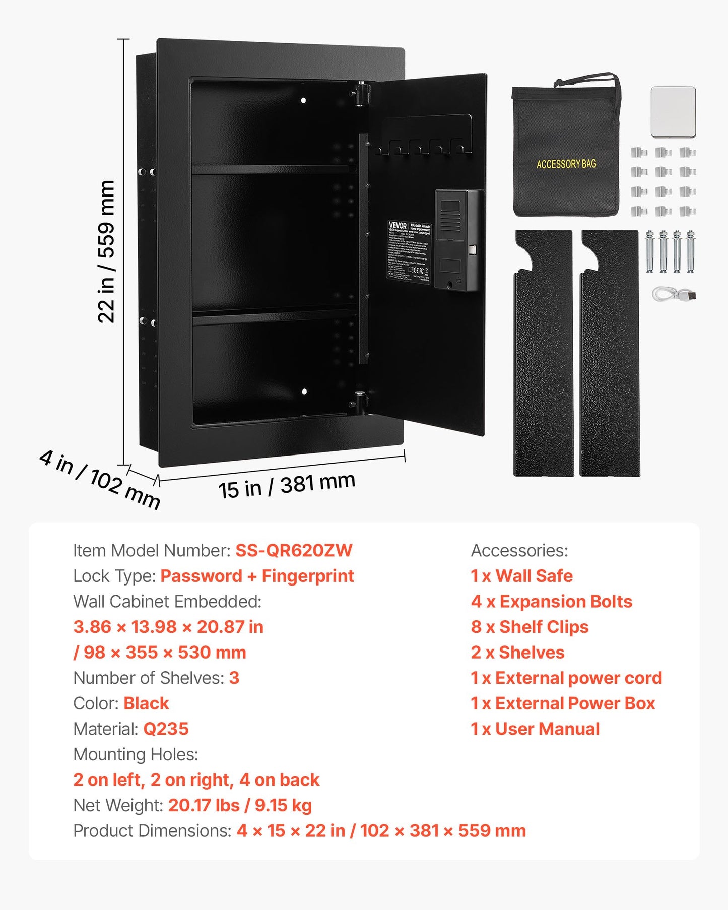 Wall Safe, 3-Tier Hidden Wall Safe with Fingerprint, Password, Key & Turning Knob, Q235 Cold-Rolled Steel In-Wall Box with Adjustable Shelves & Key Holders for Money, Jewelry, Passport, Document