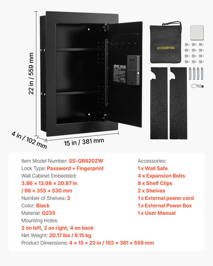 Wall Safe, 3-Tier Hidden Wall Safe with Fingerprint, Password, Key & Turning Knob, Q235 Cold-Rolled Steel In-Wall Box with Adjustable Shelves & Key Holders for Money, Jewelry, Passport, Document