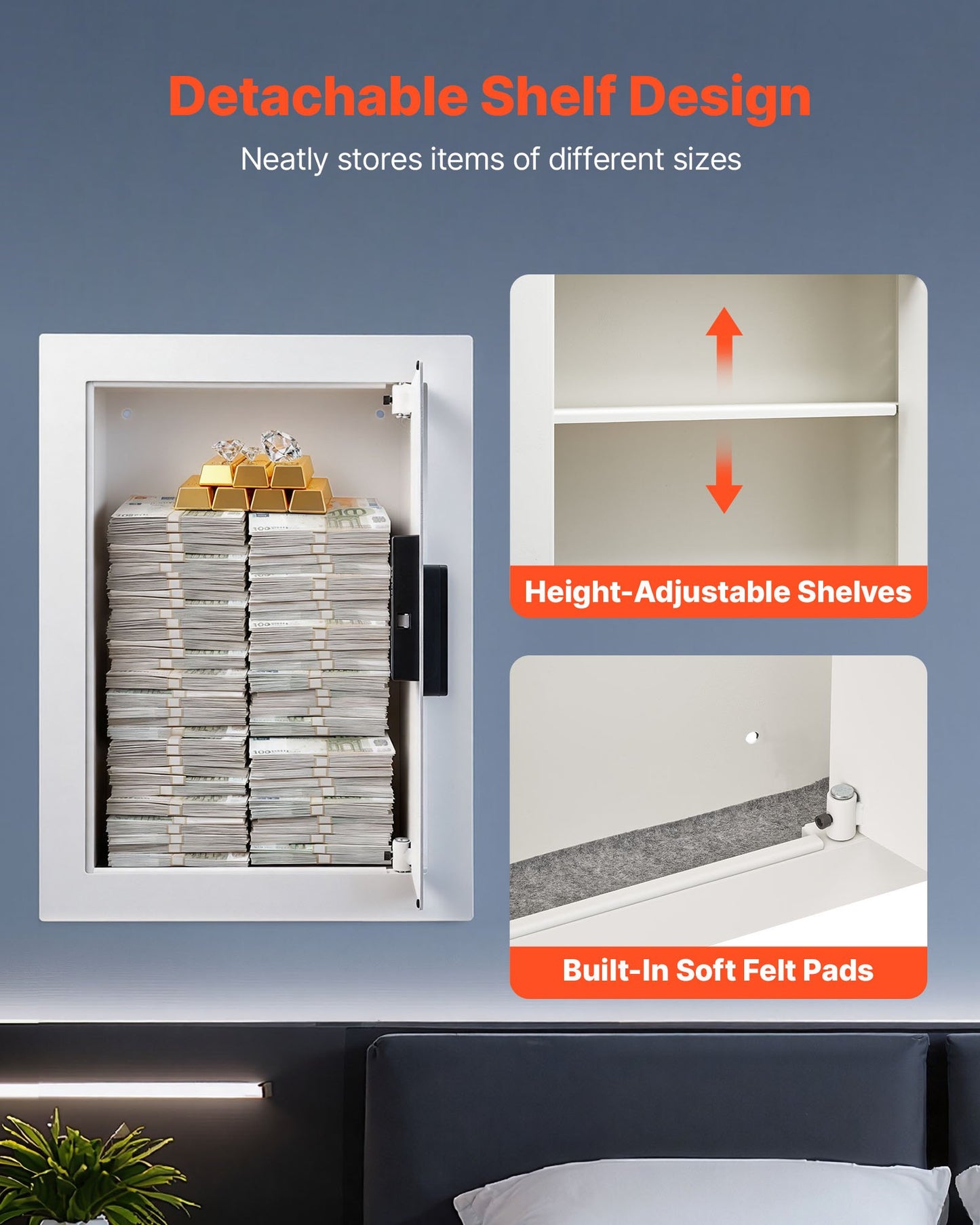 0.83 sq.ft Wall Safe, 3-Tier Hidden Wall Safe with Password, Key & Turning Knob, Q235 Cold-Rolled Steel In-Wall Box with Adjustable Shelves & Mounting Holes for Money, Jewelry, Passport, White