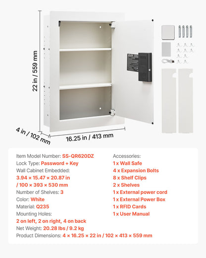 0.83 sq.ft Wall Safe, 3-Tier Hidden Wall Safe with Password, Key & Turning Knob, Q235 Cold-Rolled Steel In-Wall Box with Adjustable Shelves & Mounting Holes for Money, Jewelry, Passport, White