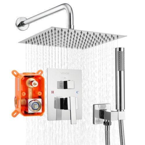 Shower Faucet Set, Rainfall Bathroom Shower System with 10-Inch (25.4cm) Square Rain Shower Head and Handheld Spray, Wall Mounted Bath Fixtures with Brass Valve and Trim Kit, Silver Chrome